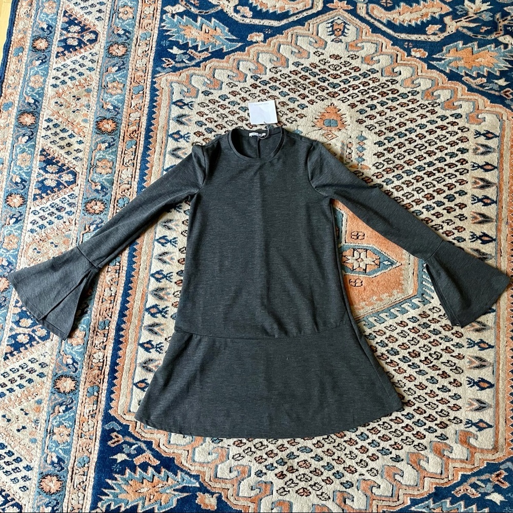 Zara Bell Sleeve Grey Mini Ruffle Hem Shift Dress